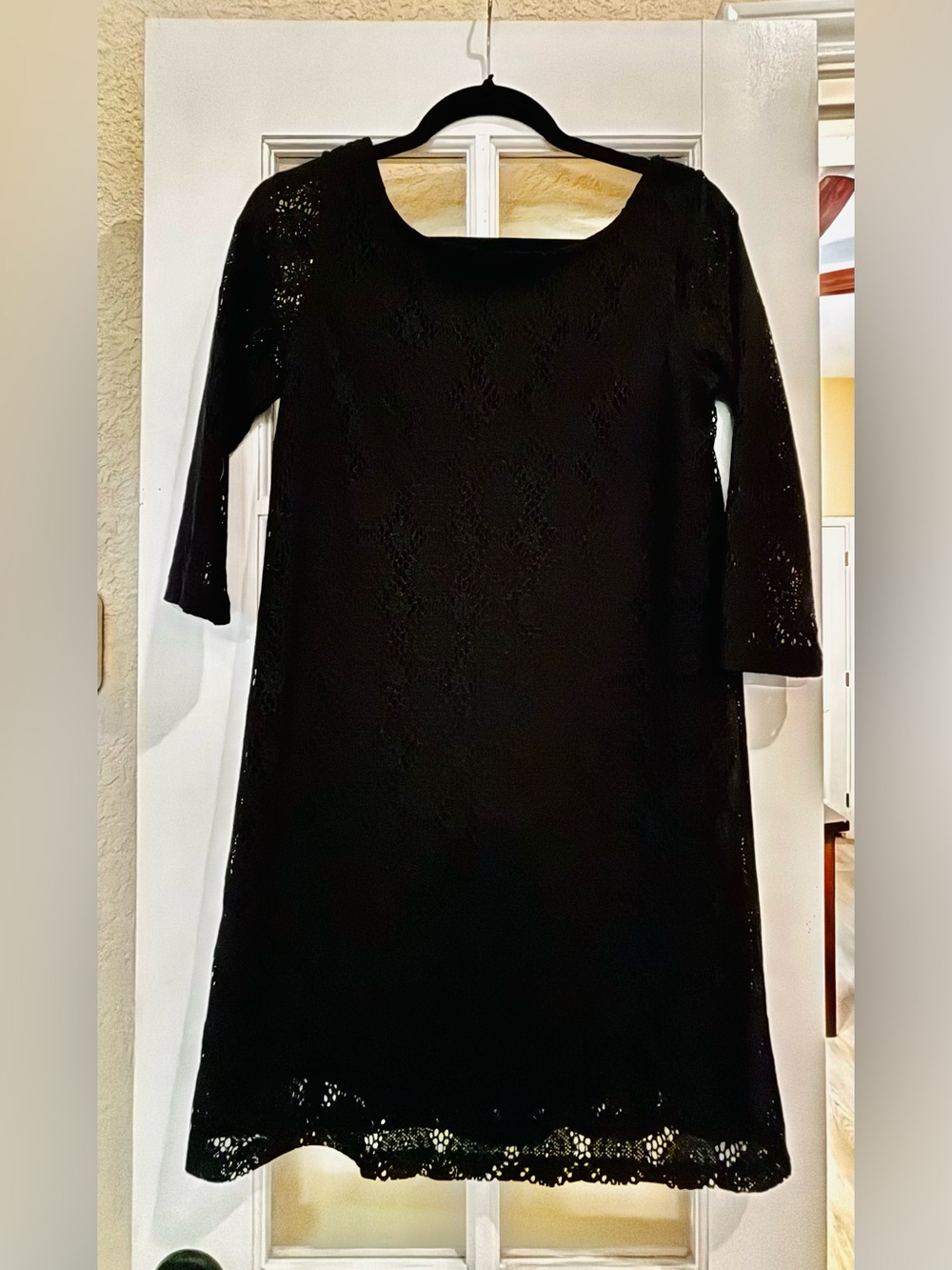 Emma & Michele Black Lace Midi Dress with Three-Quarter Sleeves